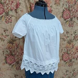 White Smocked Lace Cotton Top, size S